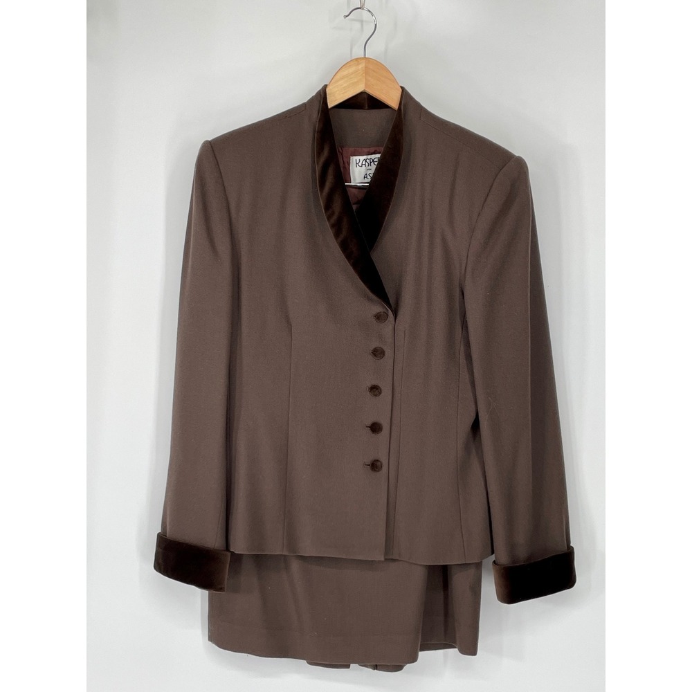 Kasper for ASL Womens Wool Skirt Suit 10 Blazer Skirt Brown Velvet Trim